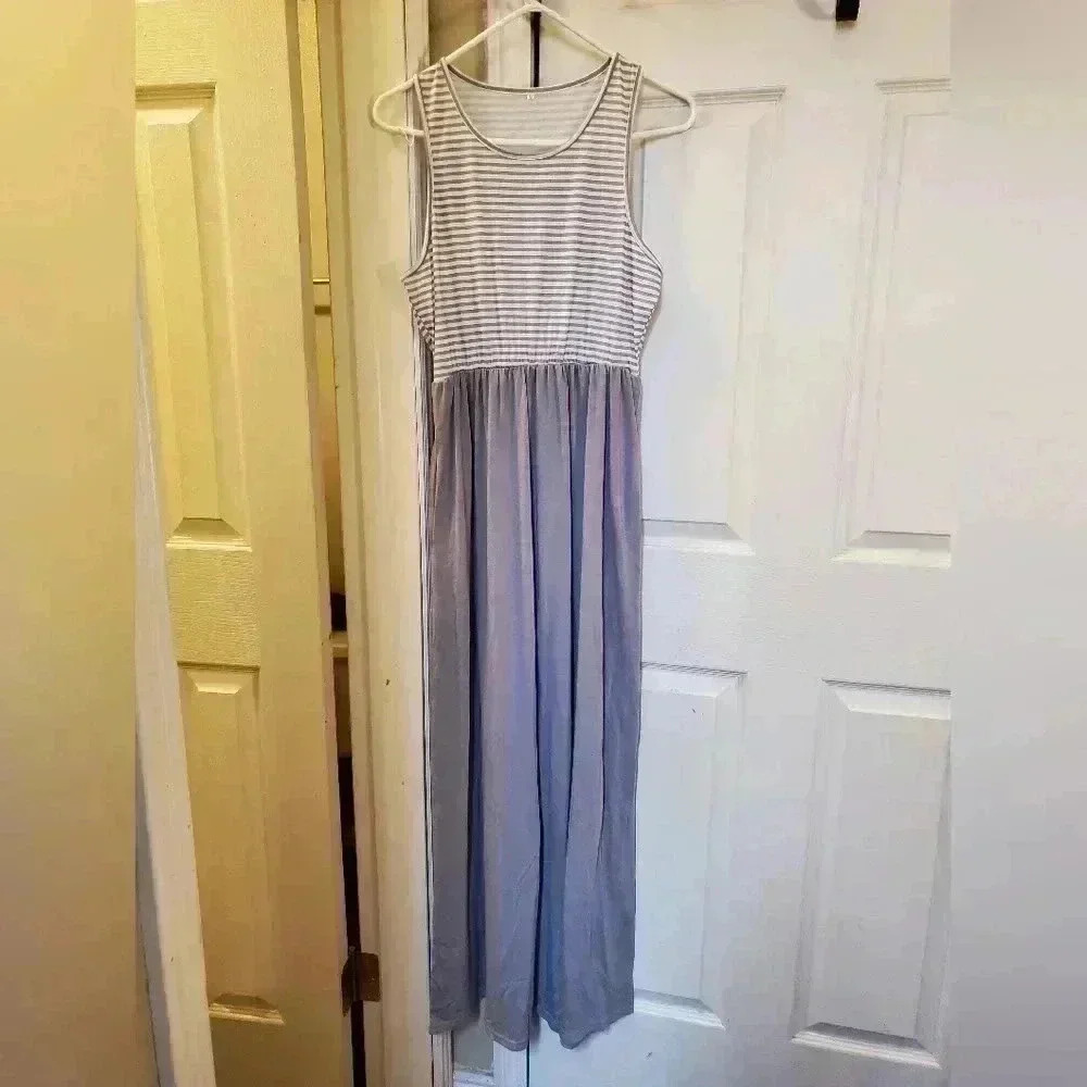 Summer Dress Medium Grey White Striped New